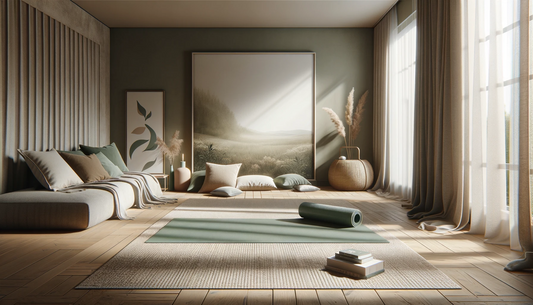 Peaceful home yoga space with a yoga mat and calming decor in sage green and earthy taupe, embodying a serene atmosphere for practice.