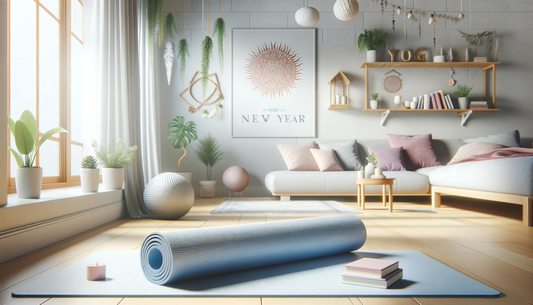 Bright and motivational home yoga space, symbolizing a fresh start for the New Year, with a yoga mat in a revitalizing environment ideal for setting new intentions and practicing yoga.