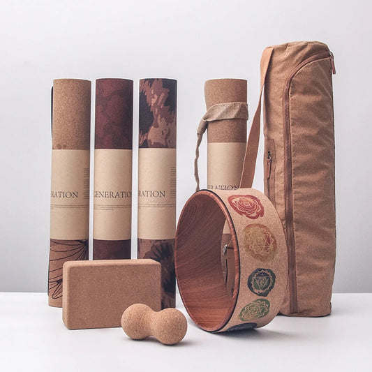 Premium Eco-Friendly Natural Rubber Cork Yoga Mat Set with Custom Print, Thickened Fine-Grained Surface, and Logo-Branded Carry Bags
